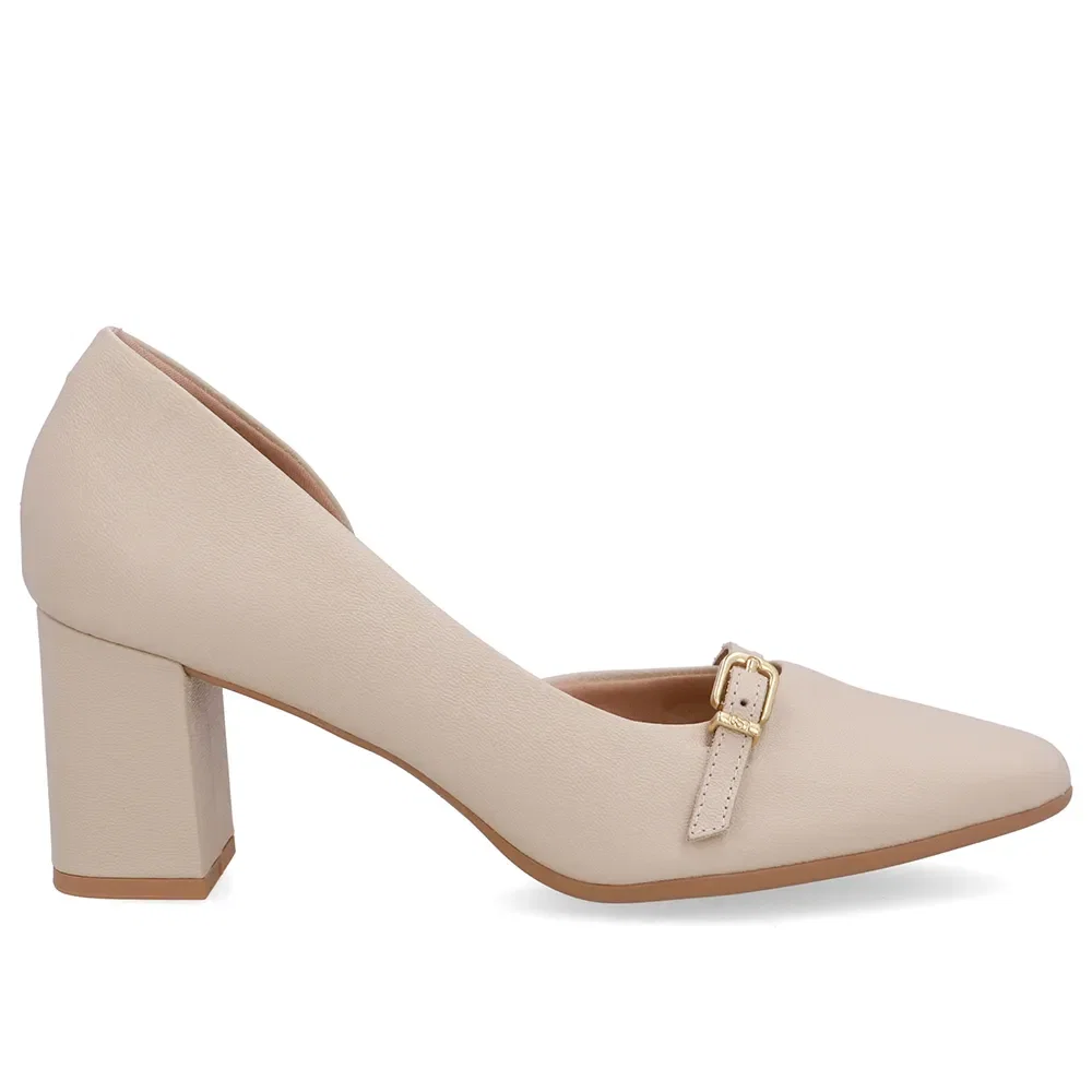 Scarpin Bege Bico Redondo Couro Tira Enfeite — imagem 1