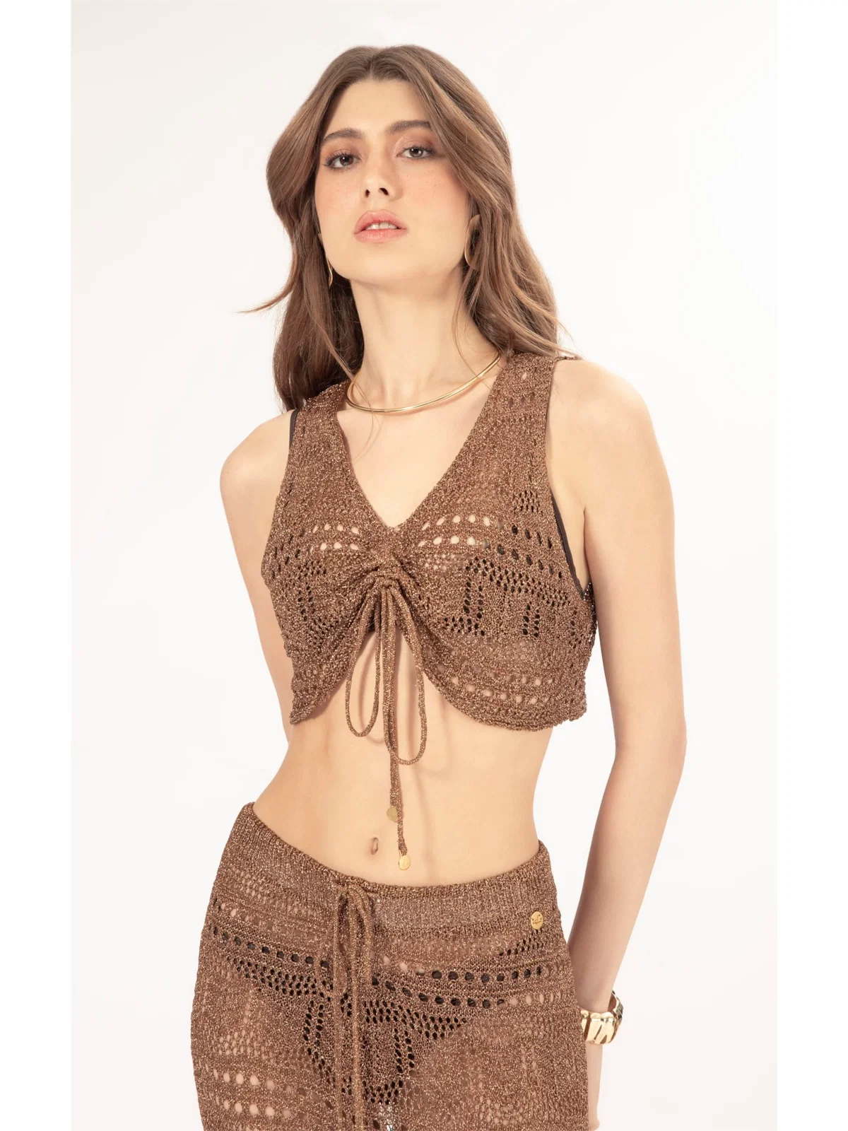 Top Tricot Lurex Rendado Caramelo — imagem 1