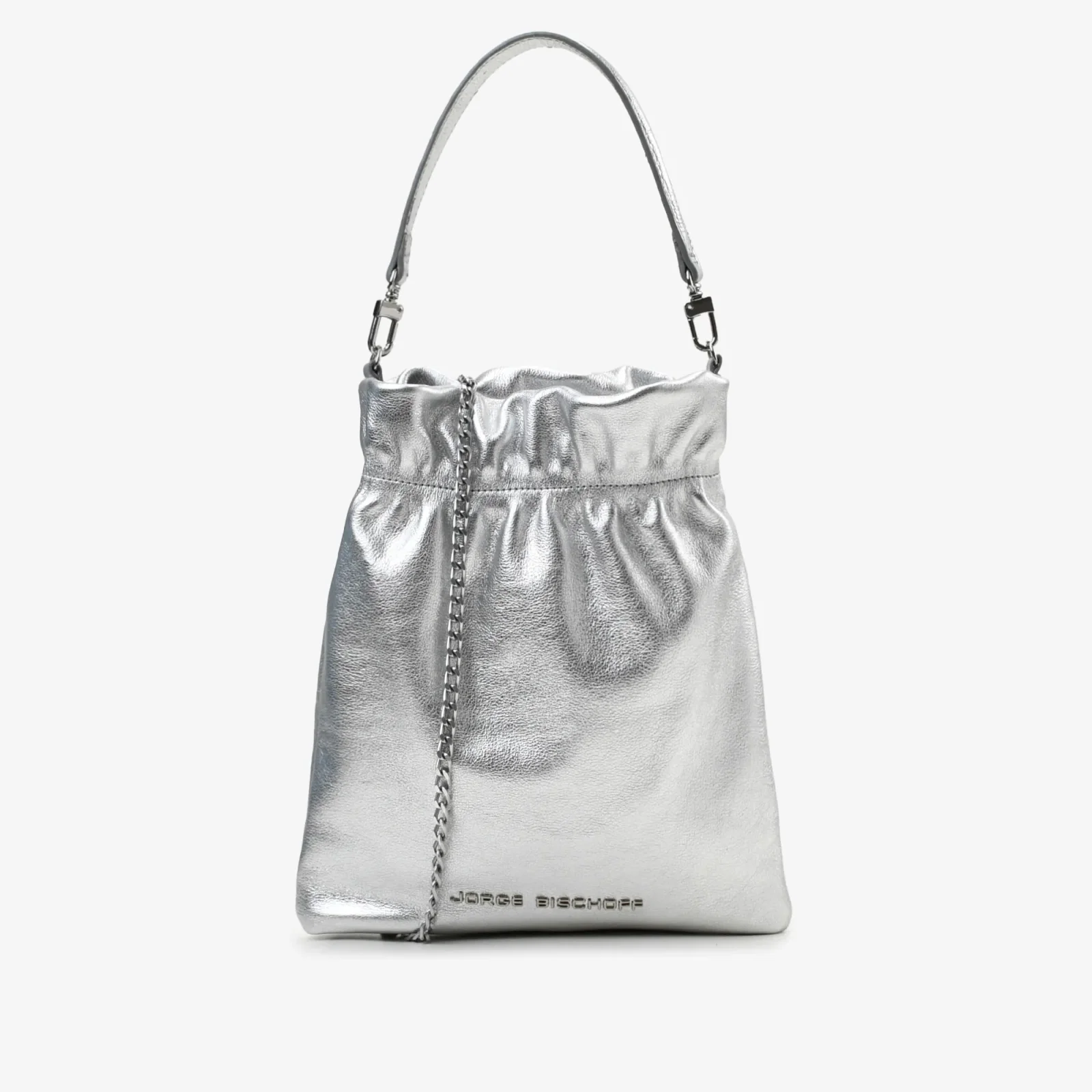 Bolsa Saco Metal Prata Couro