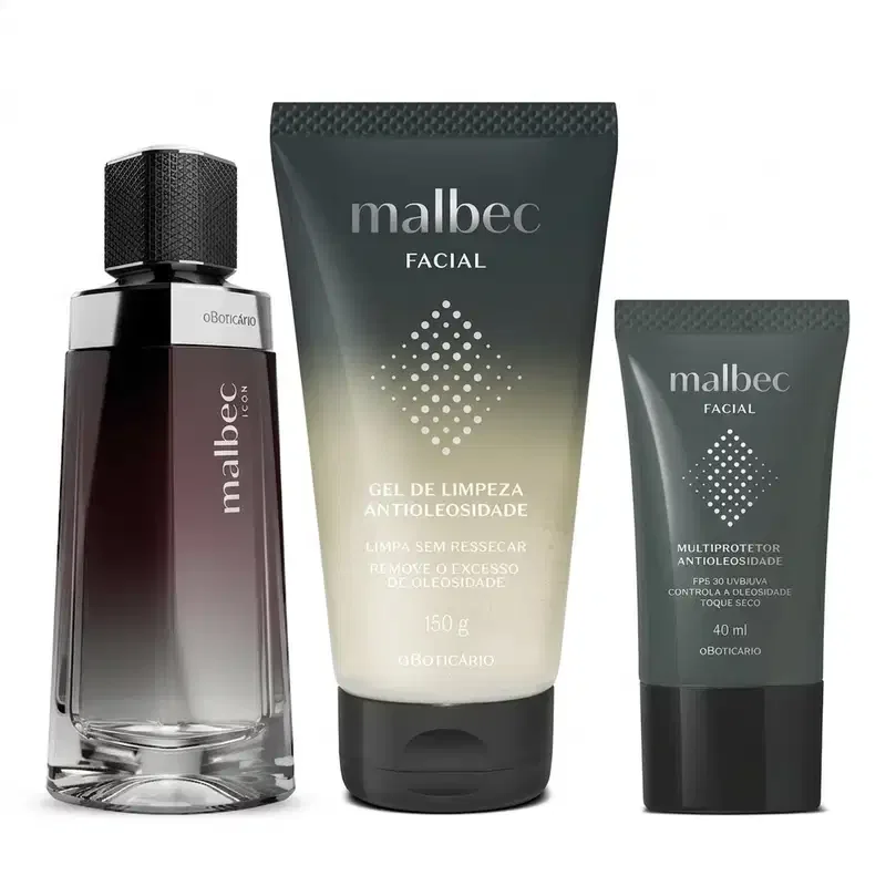 Combo Malbec Icon 100ml + Gel de Limpeza Malbec Facial 150g + Multiprotetor FPS30 40ml