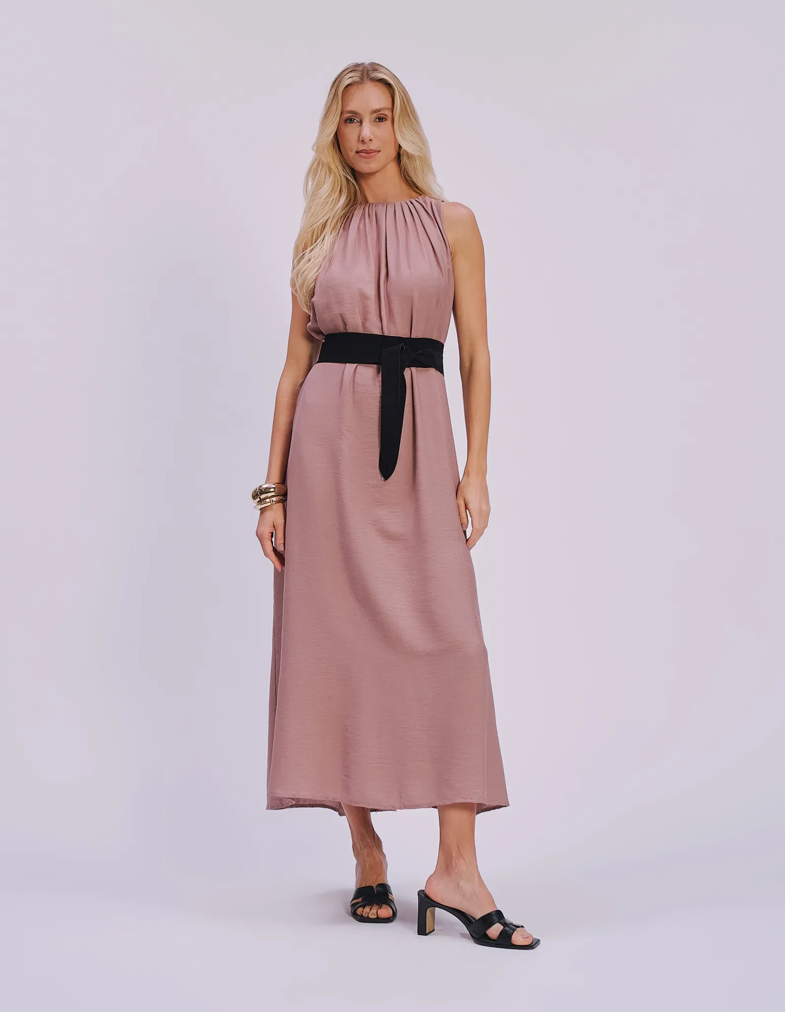 Vestido Longo Decote Drapeado - Caqui