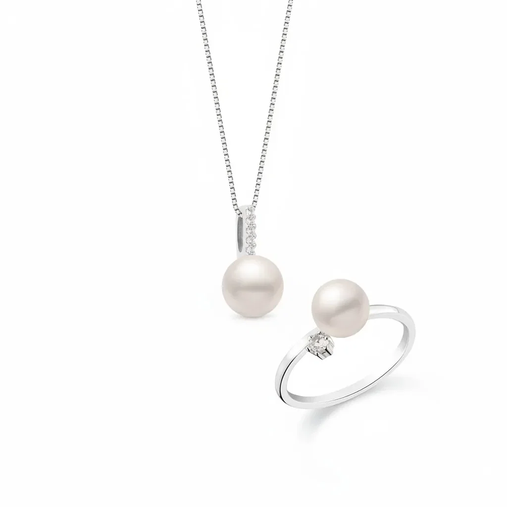 Conjunto de Anel e Pingente em Prata 925 com Pérola — imagem 1