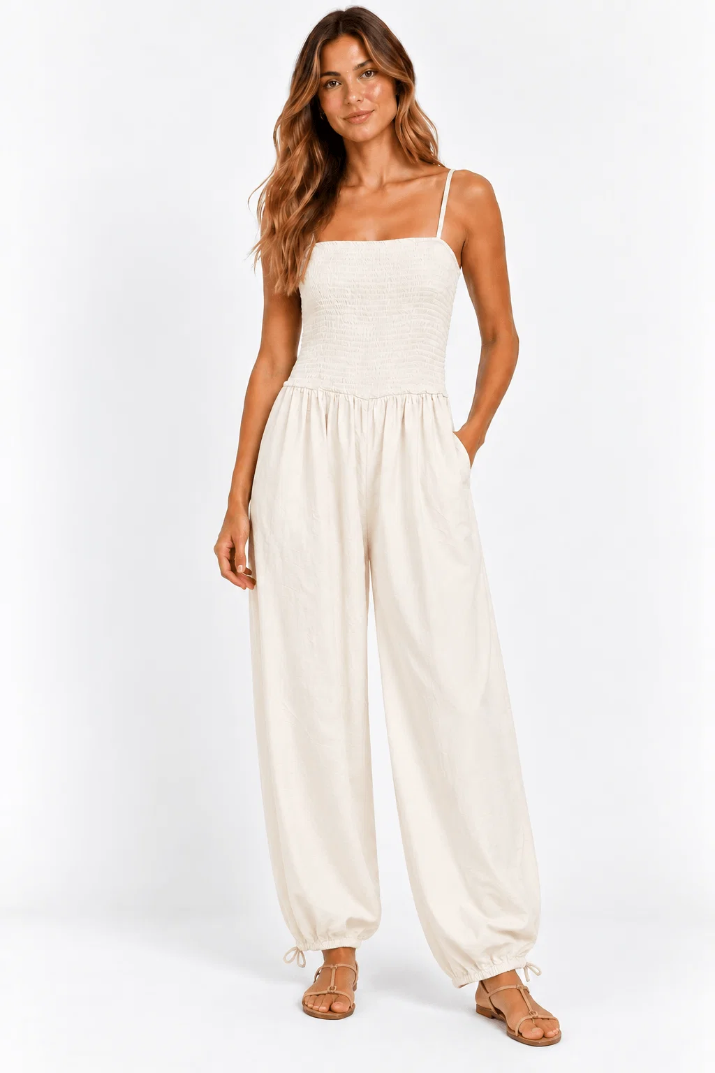 Macacão Pantalona Alça Fina Com Lastex - Branco — imagem 1