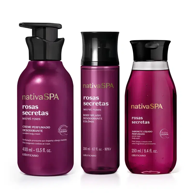 Combo Nativa SPA Rosas Secretas: Sabonete Líquido 250ml + Creme Perfumado Corporal 400ml + Body Splash 200ml