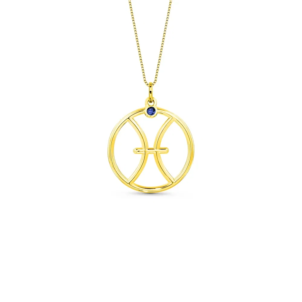 Pingente ZodíAço Peixes em Ouro Amarelo 18k com Safira Azul, 17mm