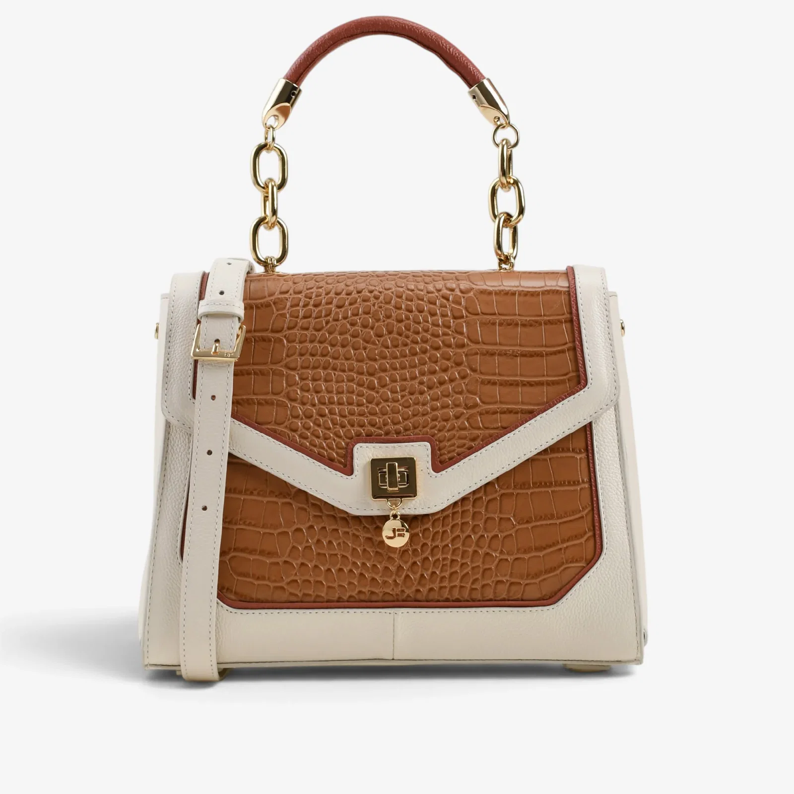 Bolsa Satchel Off White Algodão Caramelo Trigo Couro Croco — imagem 1
