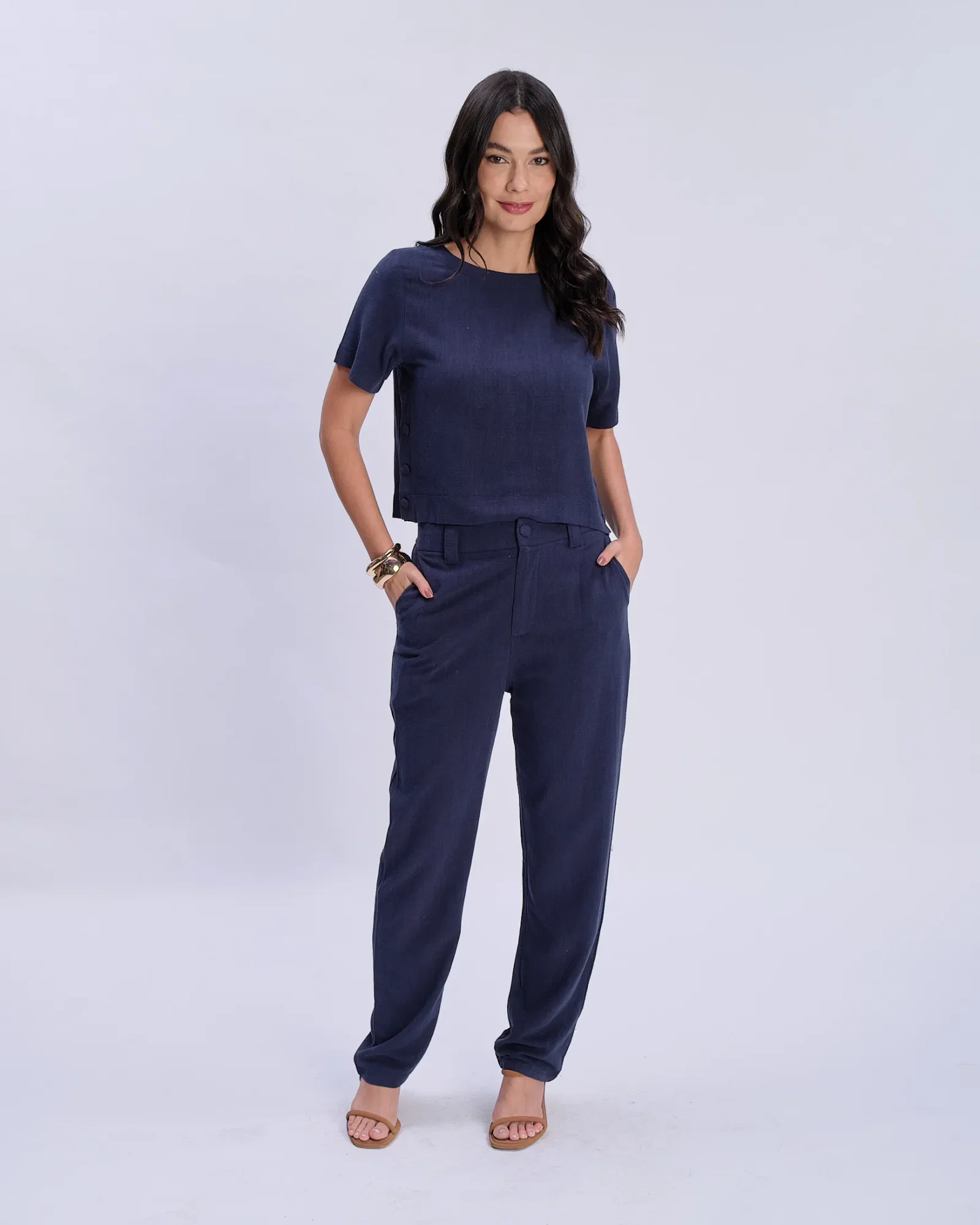 Calça Pantalona Linho Com Botões - Azul Marinho — imagem 1