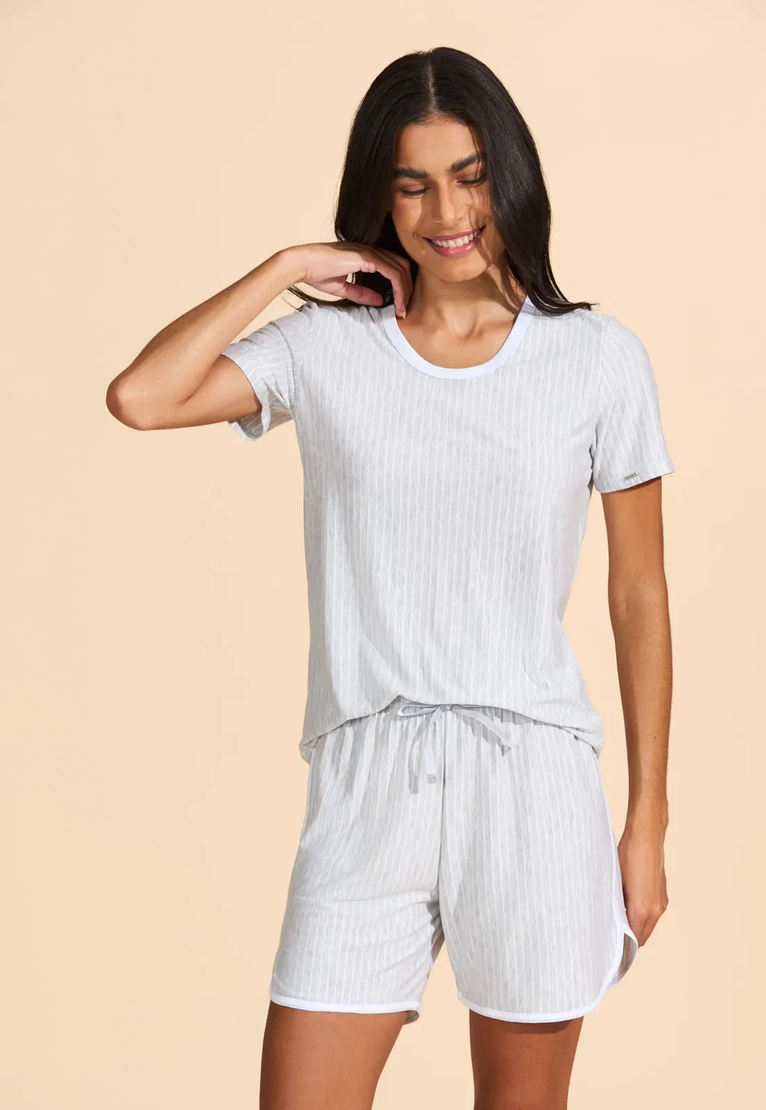 Pijama com Shorts Midi Viscose Listrada Recco