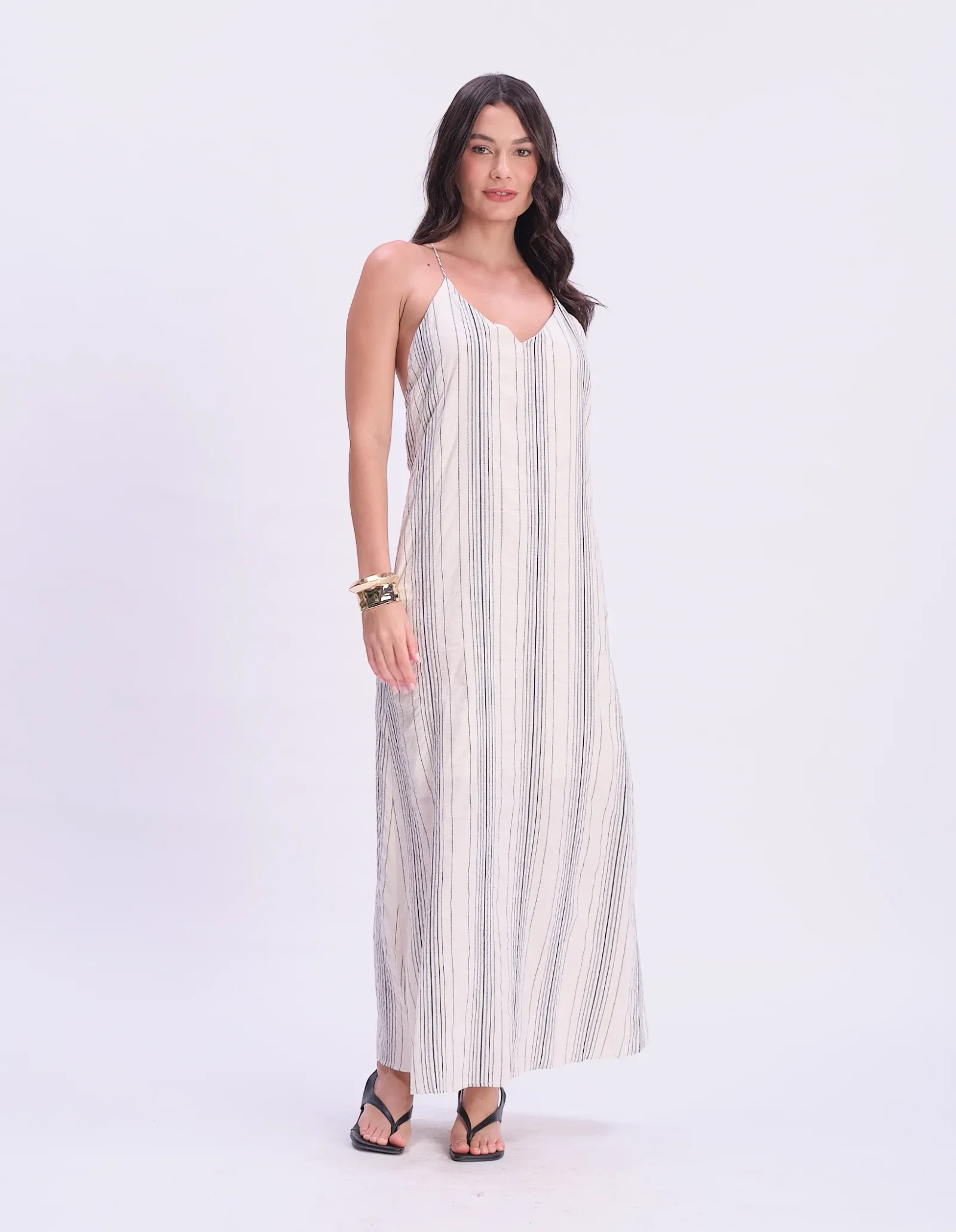 Vestido Longo Listrado Alças Finas - Off White C/ Azul