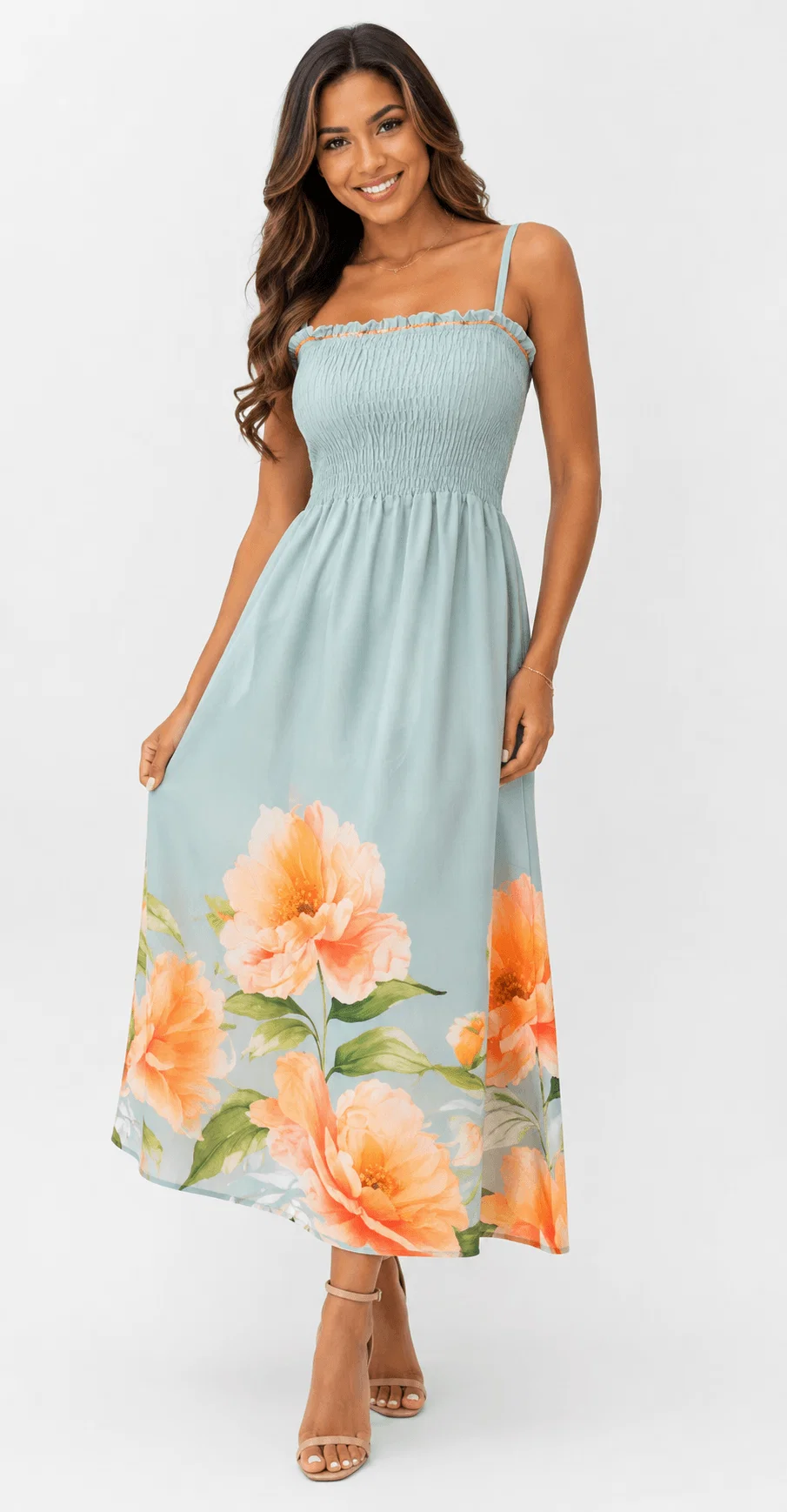 Vestido Lastex Estampado Floral Jardim - Azul Claro