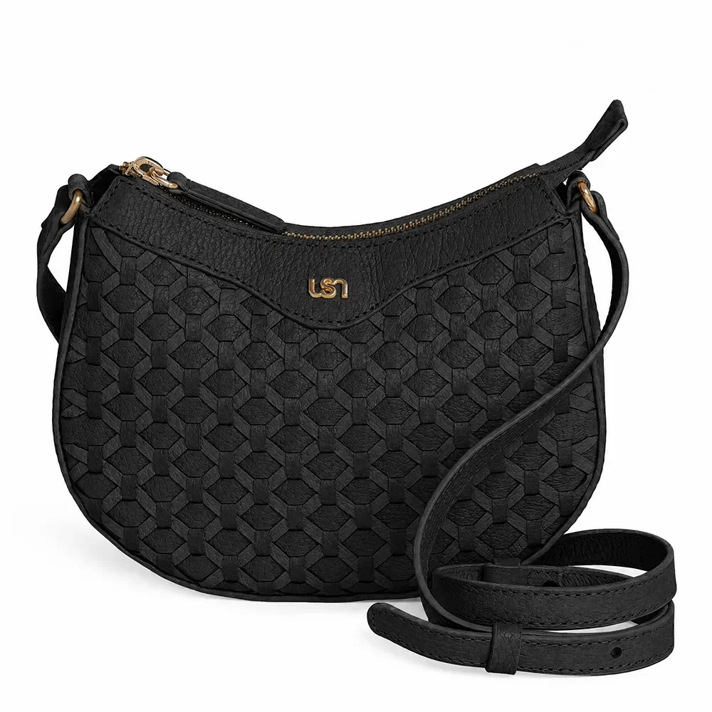 Bolsa Tiracolo Preto Em Couro Com Trama