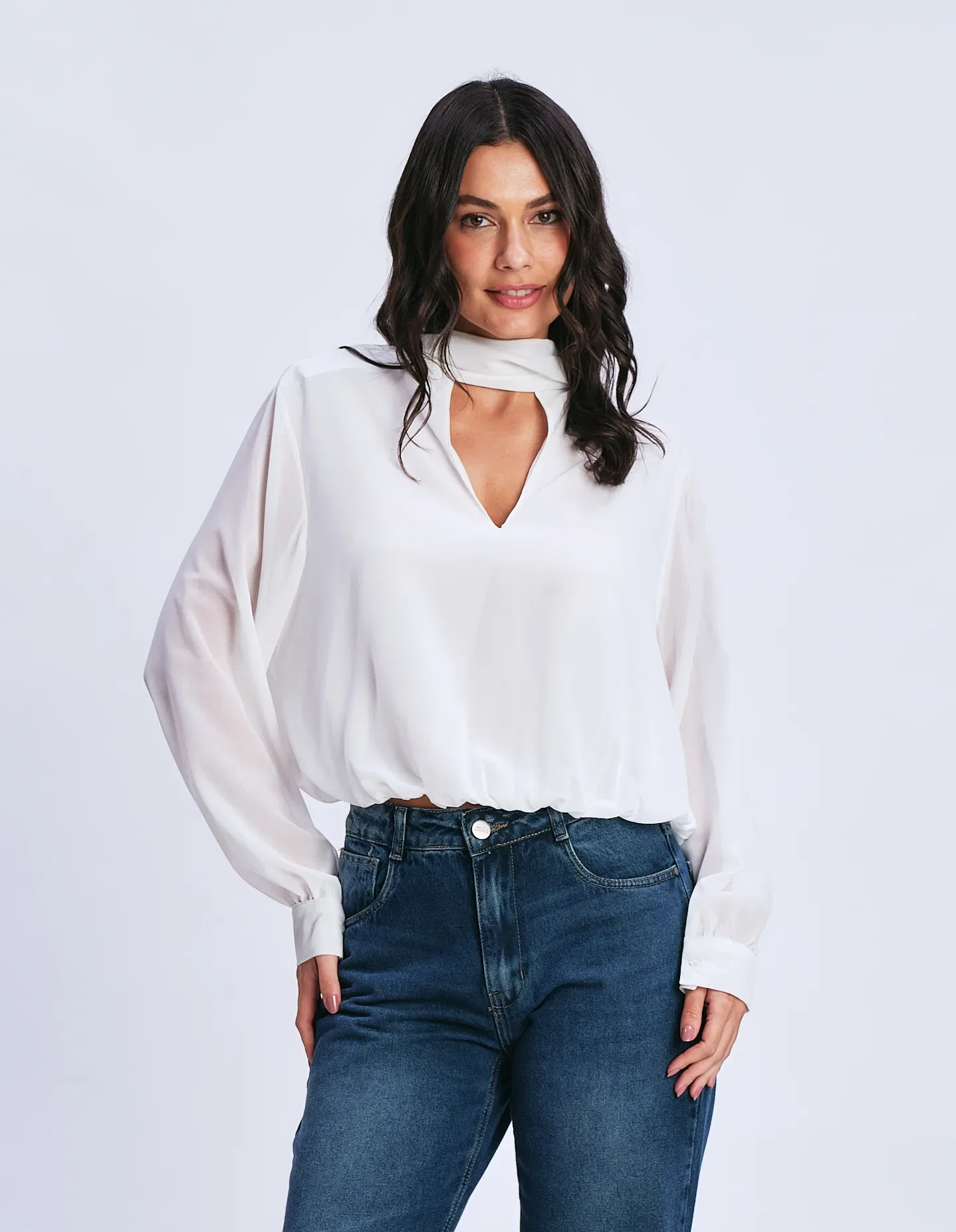 Blusa Manga Longa Chiffon Dupla Face - Branco — imagem 1