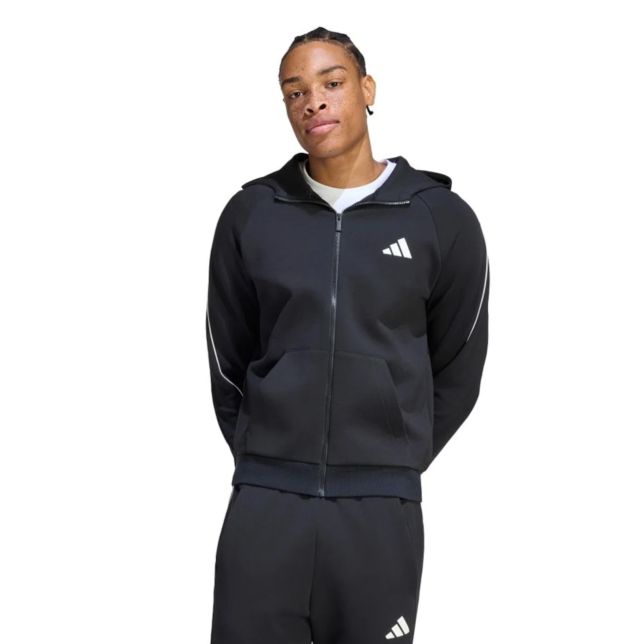 Blusão de Moletom com Capuz Adidas Logo Pequeno e Zíper Completo Stadium Masculino