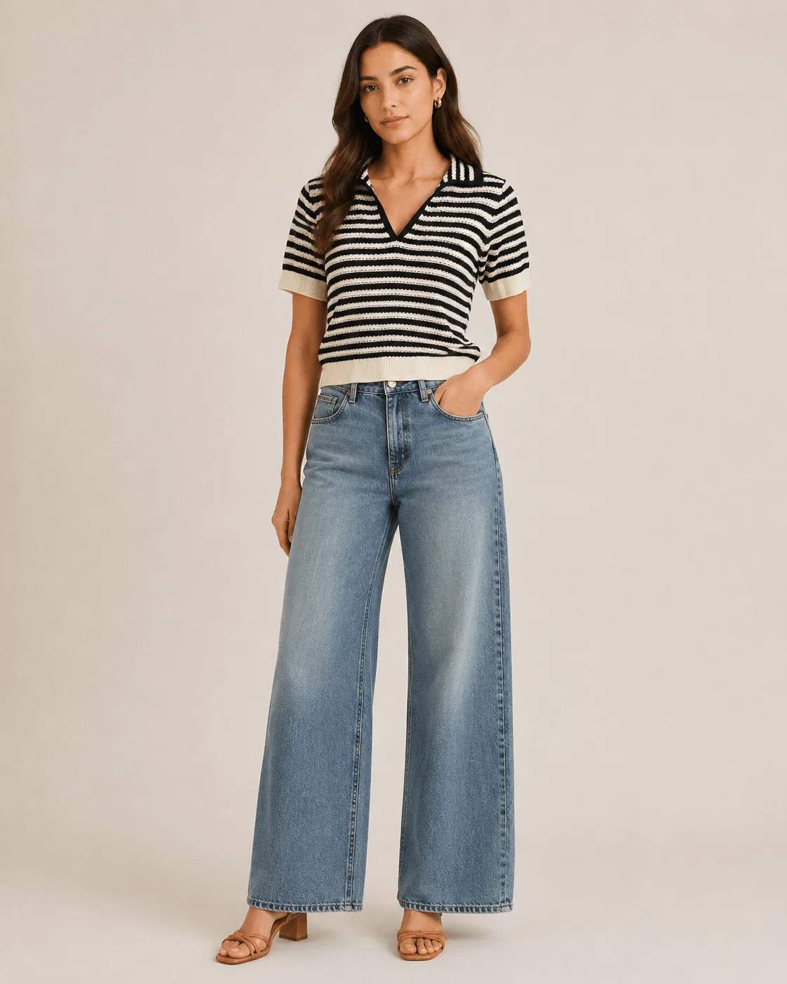 Blusa Tricô Decote v Gola Polo Listrada - Off C/ Preto — imagem 1