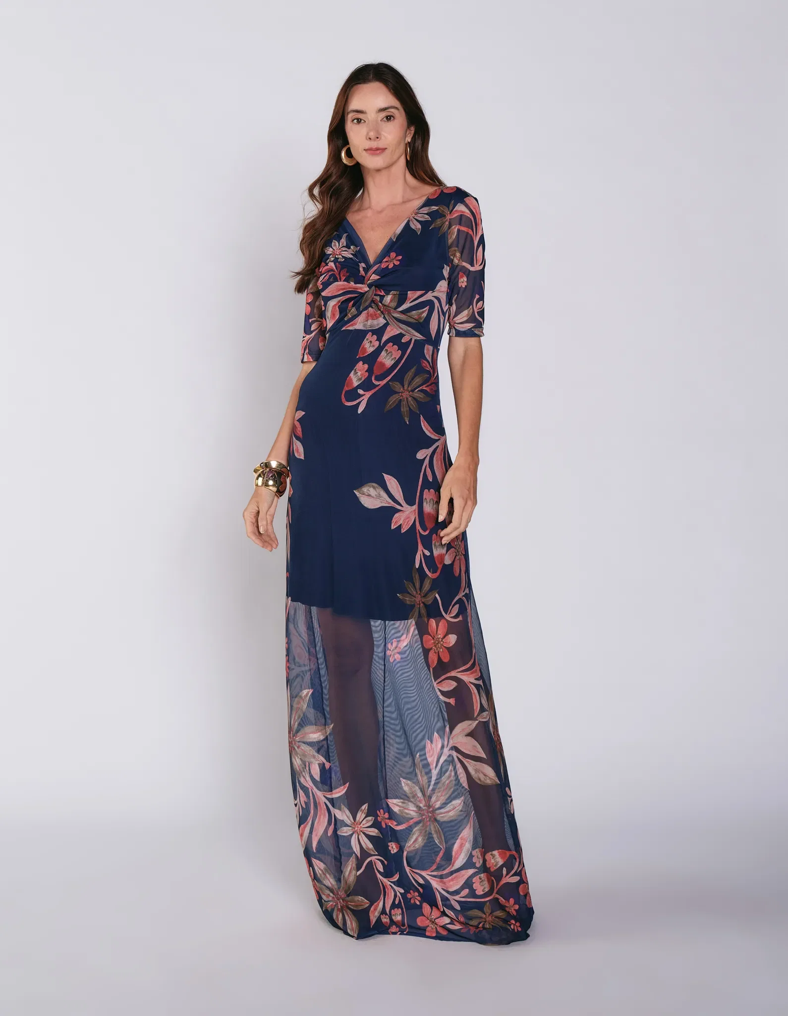 Vestido Longo Estampado Jardim - Azul Marinho — imagem 1
