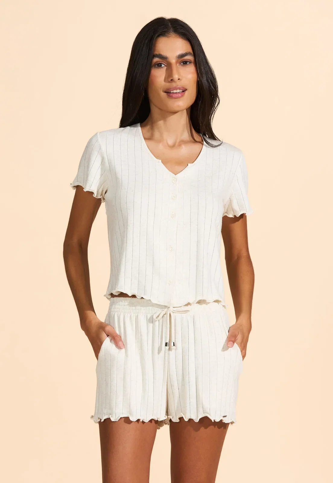 Pijama Aberto de Linho Canelado Recco