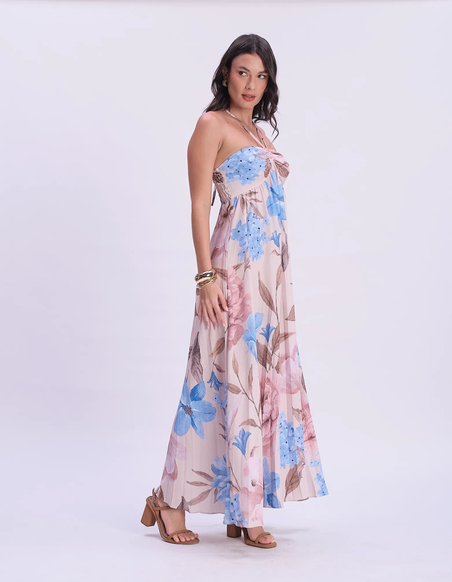 Vestido Plissado Estampado Jardim - Areia