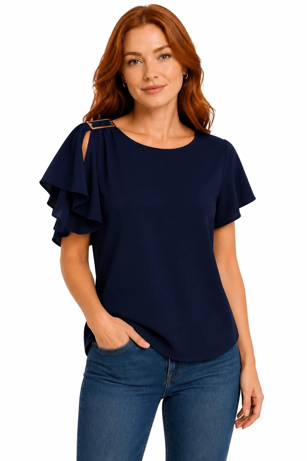 Blusa Manga Ampla Detalhe Ombro - Azul Marinho — imagem 1