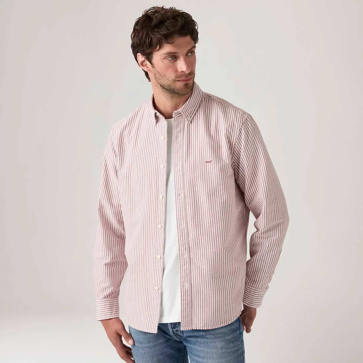 Camisa Levi's® Authentic Button Down Listrada Rosa Claro Manga Longa