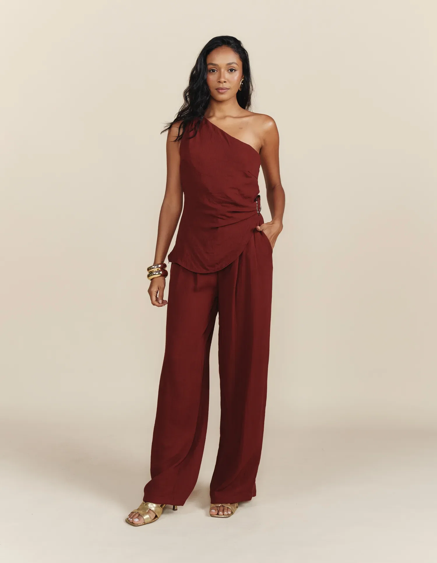 Calça Pantalona Prega Com Bolsos - Terracota — imagem 1