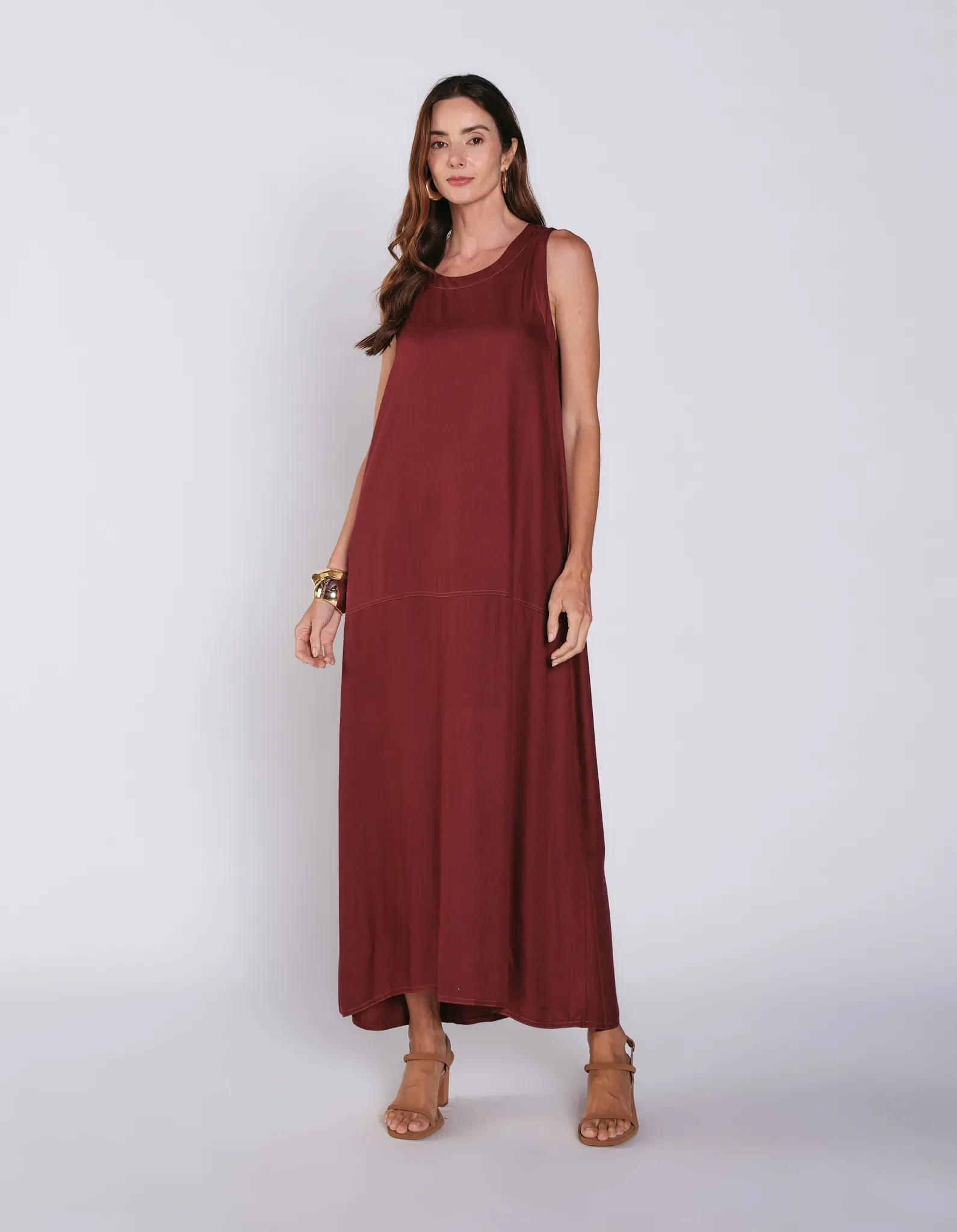 Vestido Recortes Pespontos - Vinho