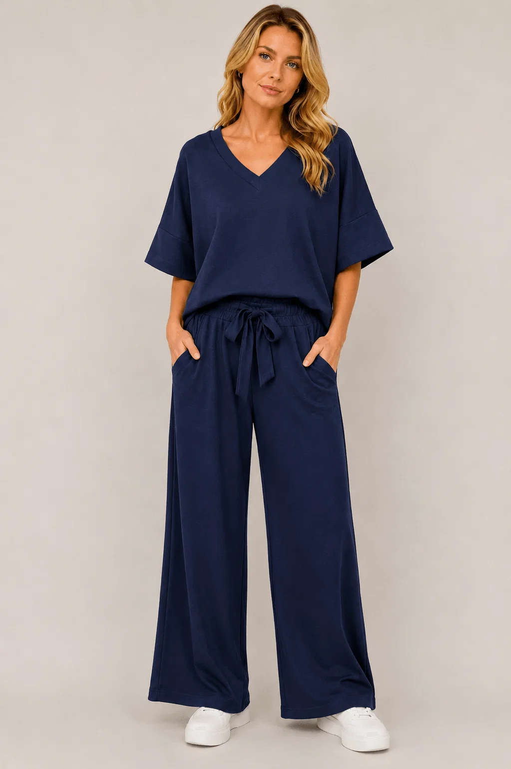 Calça Pantalona Cós Elástico - Azul Marinho — imagem 1