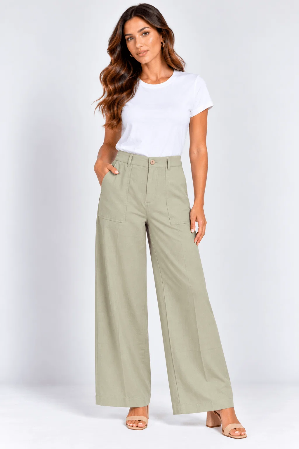 Calça Pantalona Detalhe Bolsos - Areia — imagem 1