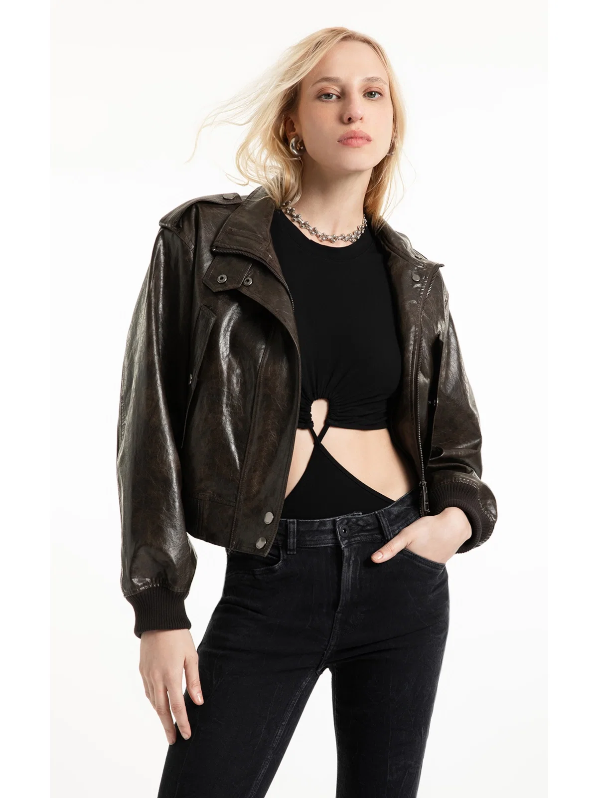 Jaqueta Vegan leather Aged Bomber Dark Brown