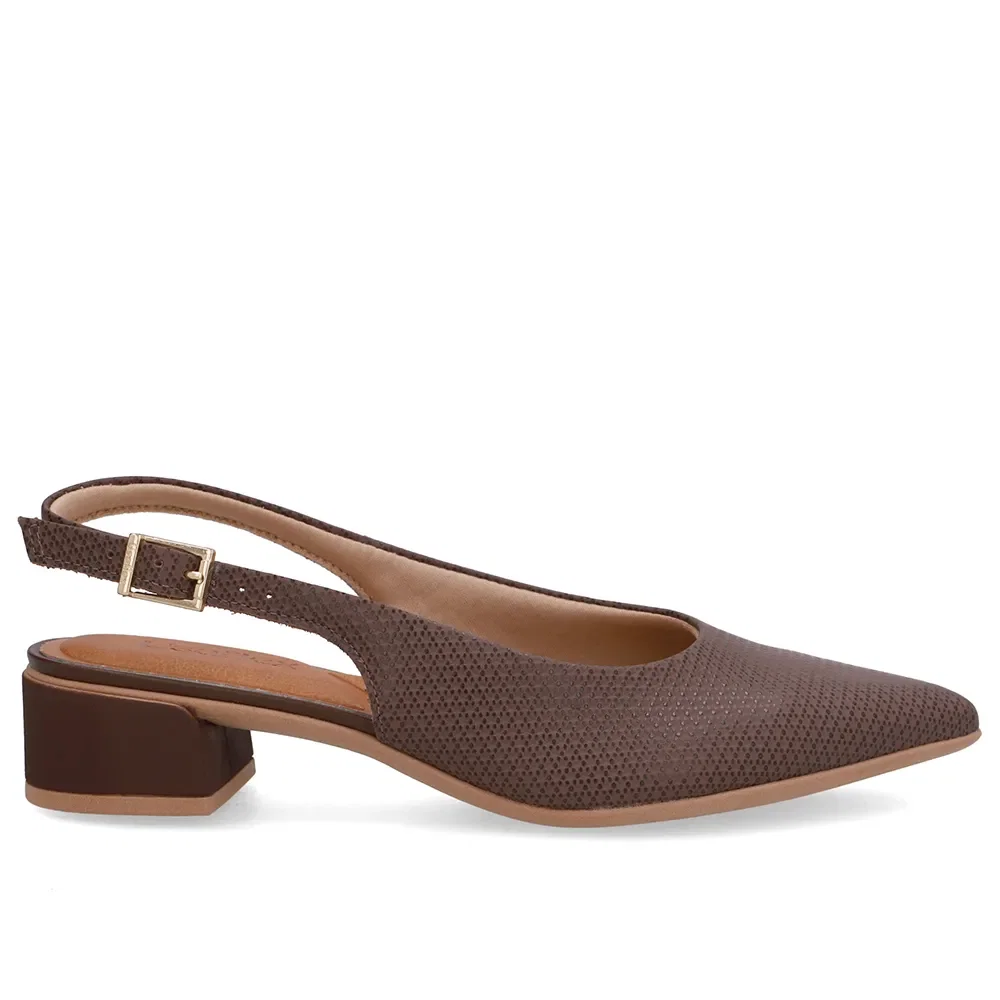 Slingback Marrom Salto Bloco Couro Bico Fino — imagem 1