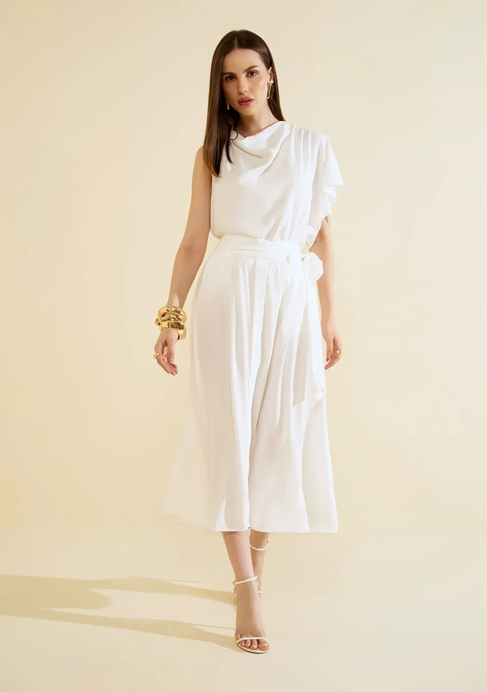 Saia Morena Rosa Evasê Alta Midi Off White — imagem 1