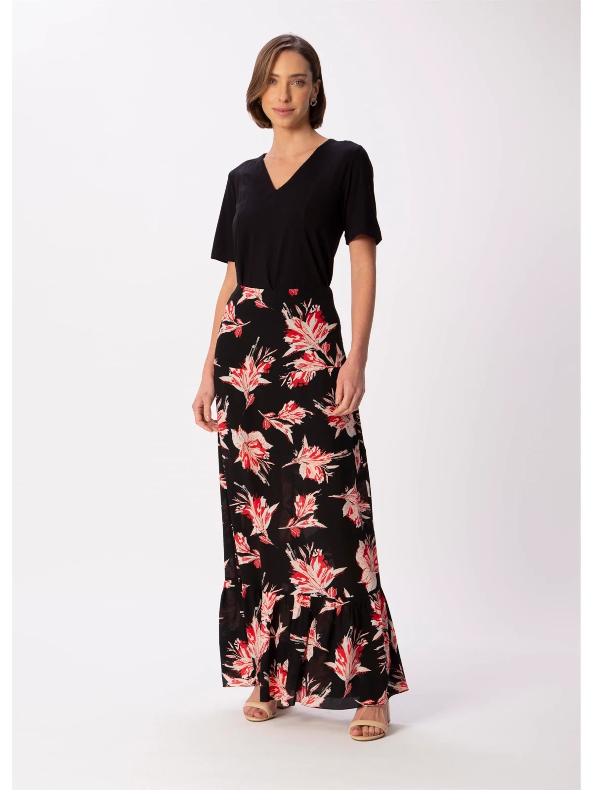 Saia Longa Seda Estampa Flores Dots Estampado — imagem 1