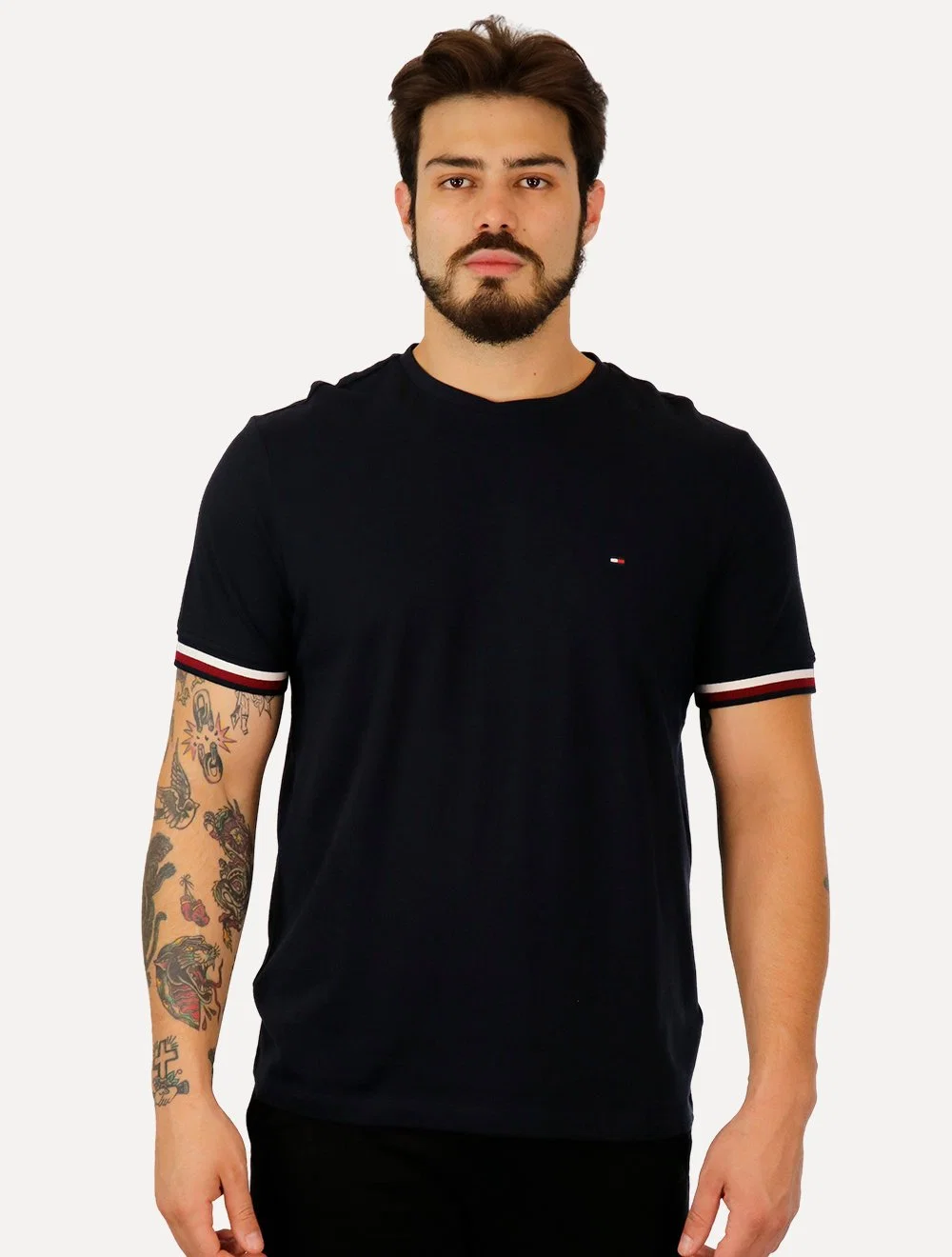 Camiseta Tommy Hilfiger Masculina Piquet Stripe Cuff Azul Marinho