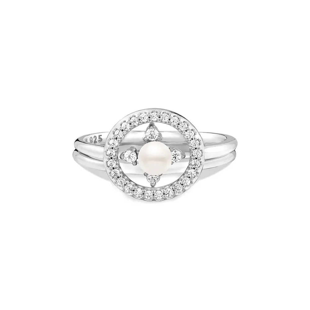 Anel Life You and Me em Prata 925 com Esfera Perolada e Pedras Incolores — imagem 1