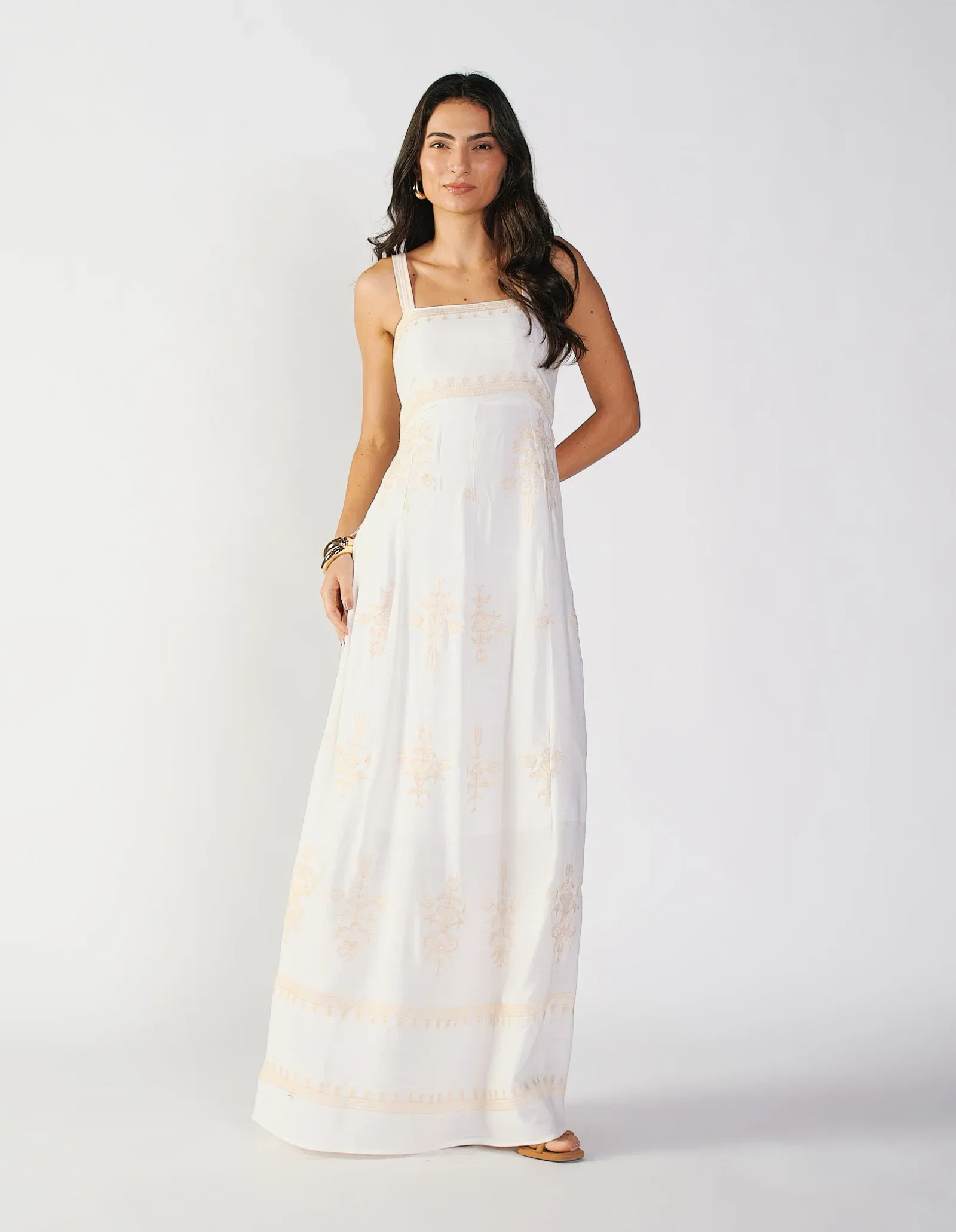 Vestido Longo Alca Fina Bordado  - Off White