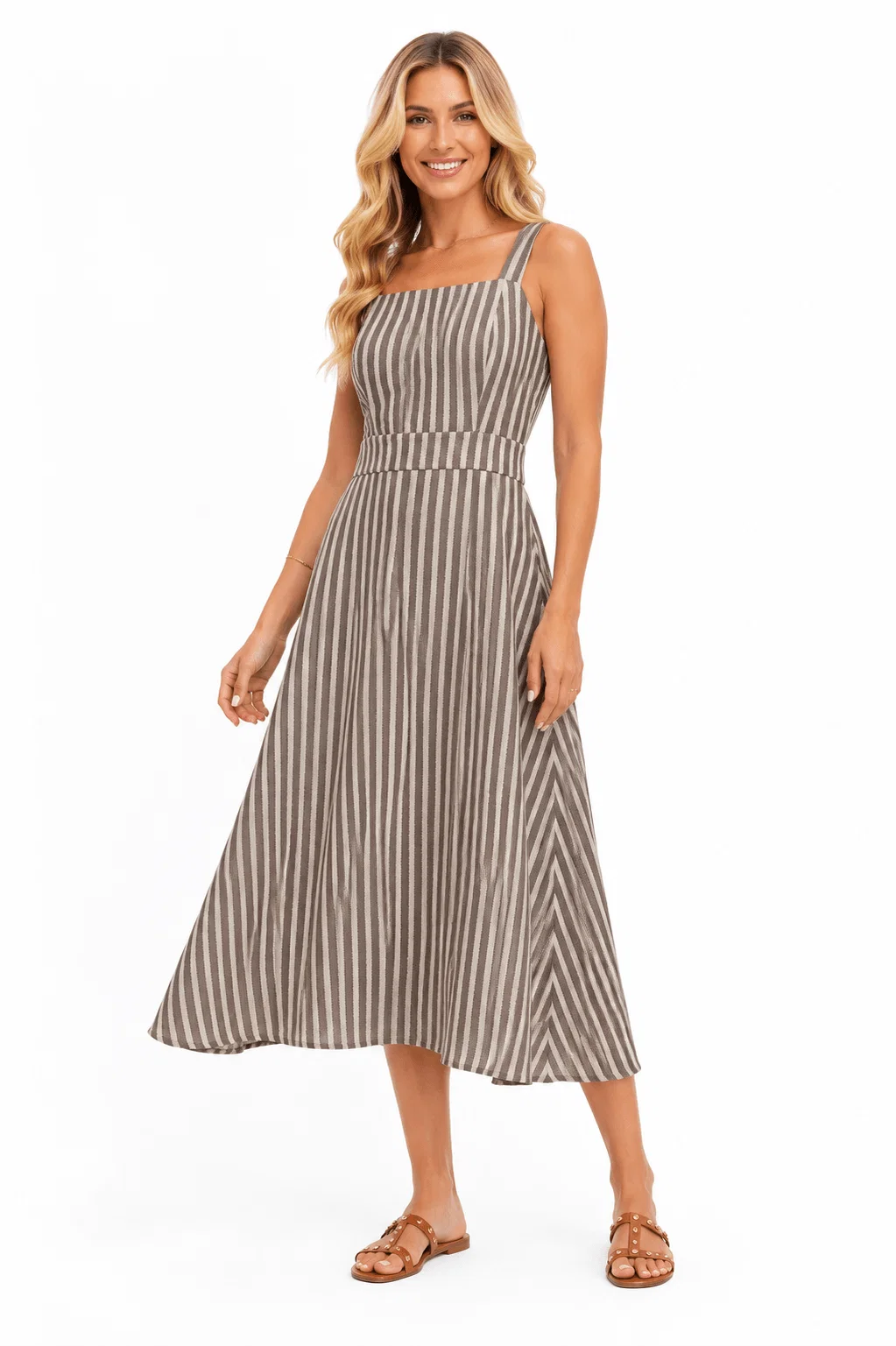 Vestido Midi Listrado - Marrom