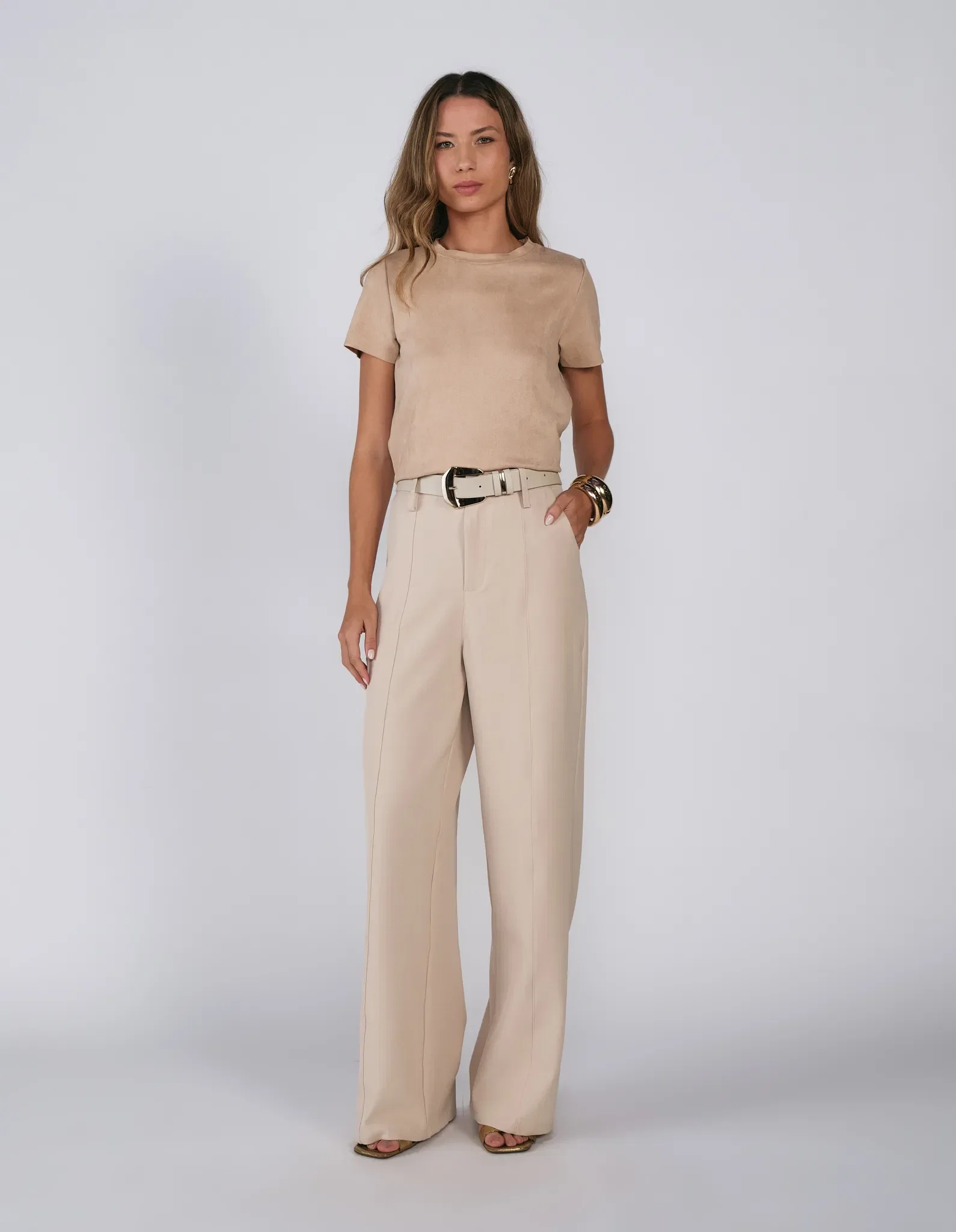 Calça Pantalona Com Cinto - Areia