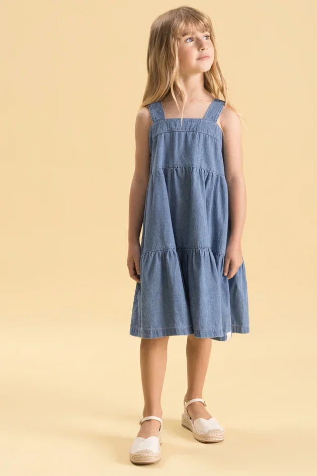 Vestido Infantil Midi em Jeans Leve de Algodão