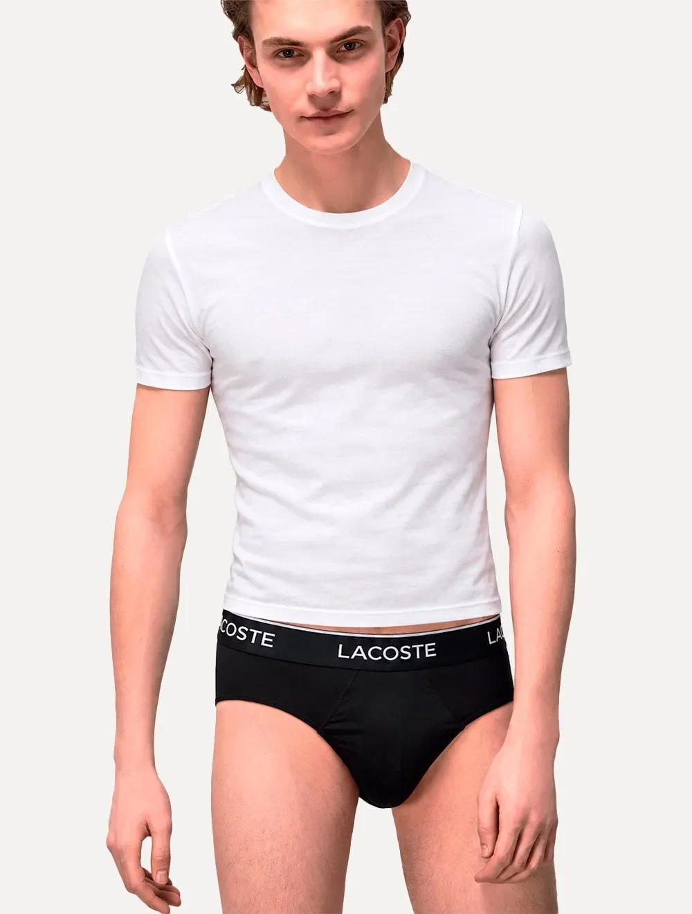 Cueca Lacoste Masculina Brief Slip Colored Lettered Waist Branca / Grafite / Preta Pack 3UN