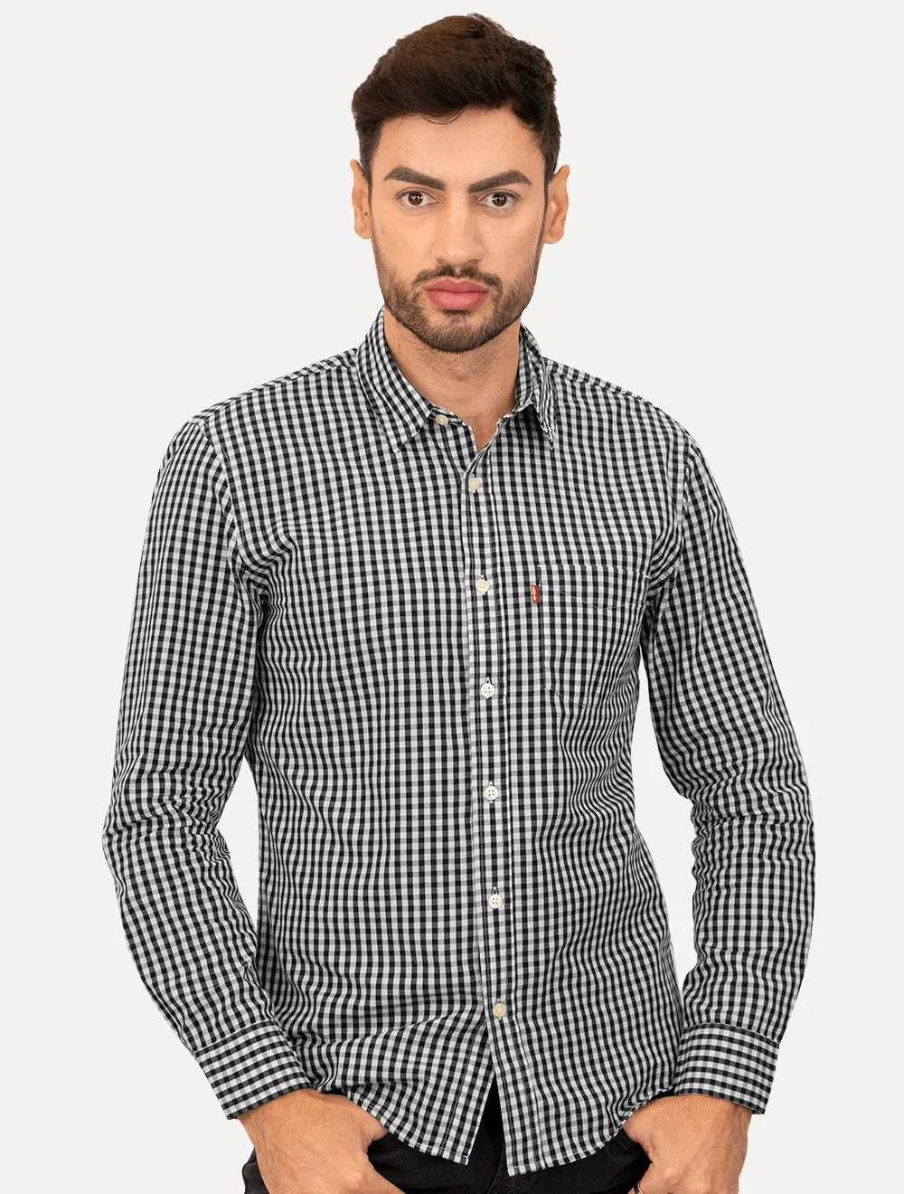 Camisa Levis Masculina Sunset One Pocket Plaid Xadrez Preto / Branco