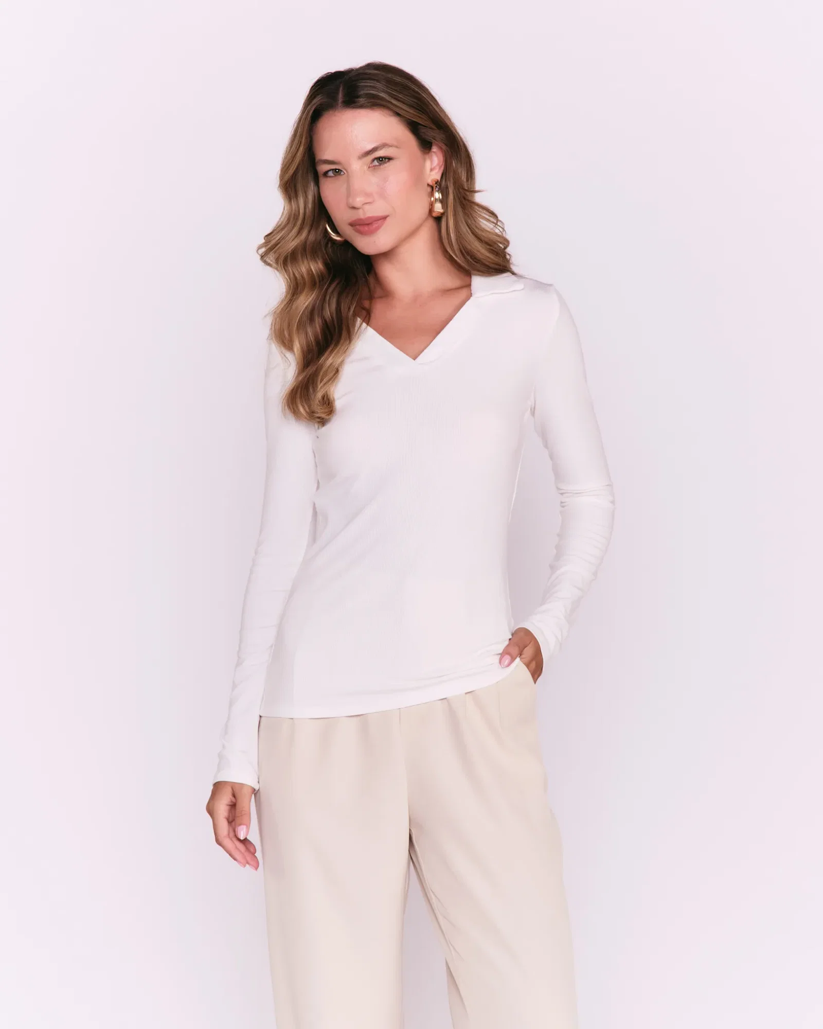 Blusa Manga Longa Com Gola - Branco