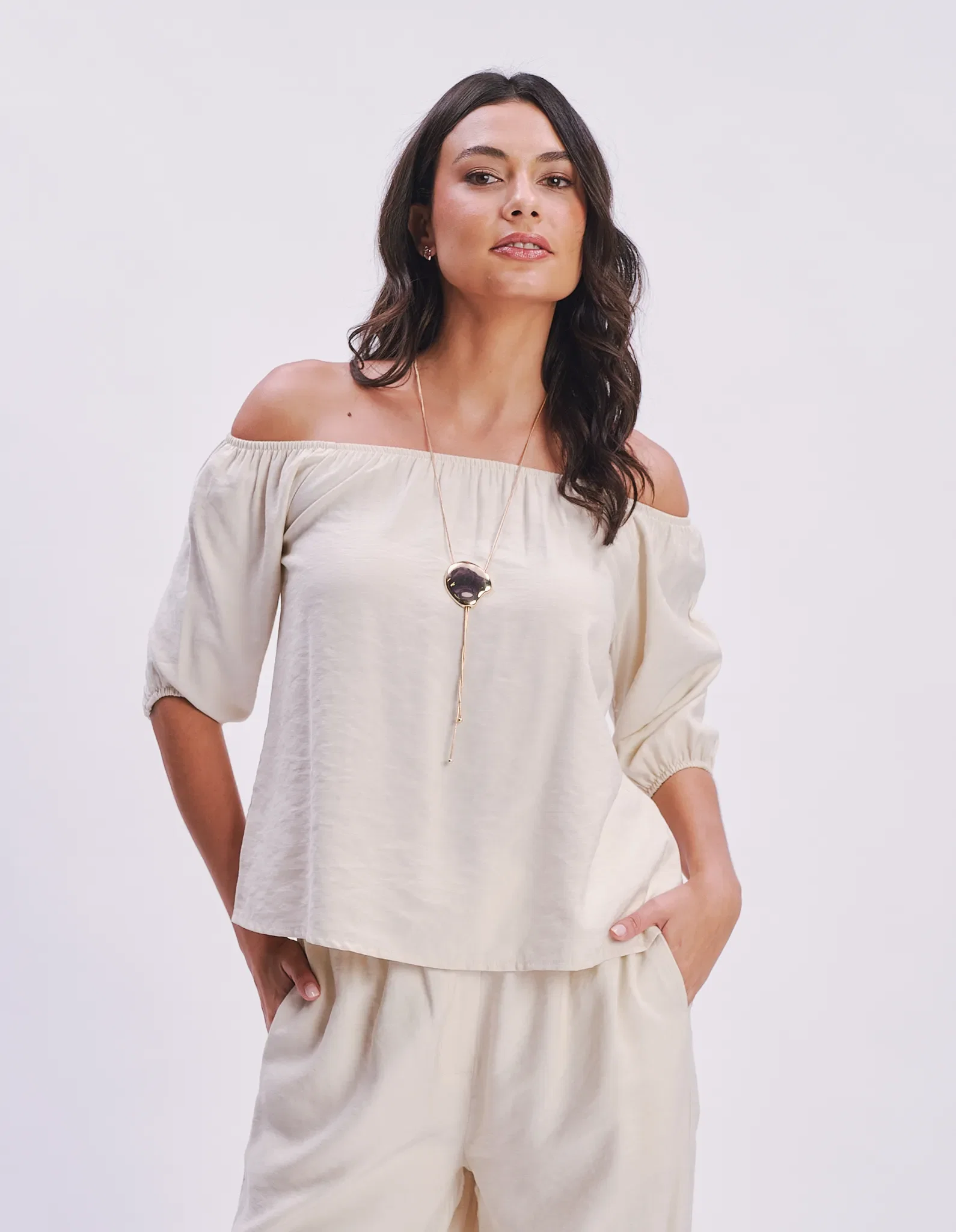 Blusa Ombro a Ombro Elástico - Areia — imagem 1