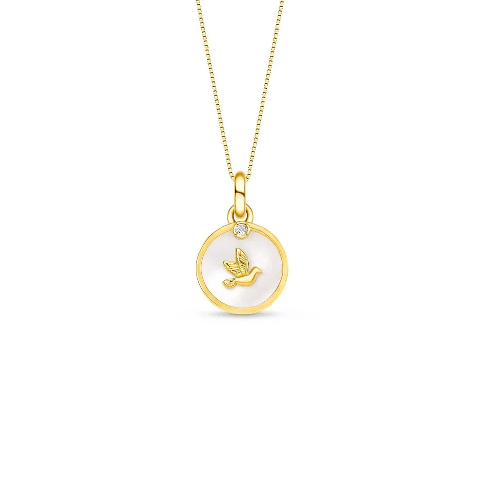 Pingente Religiosos Espirito Santo em Ouro Amarelo 18k com Madrepérola e Topázio Incolor, 17mm