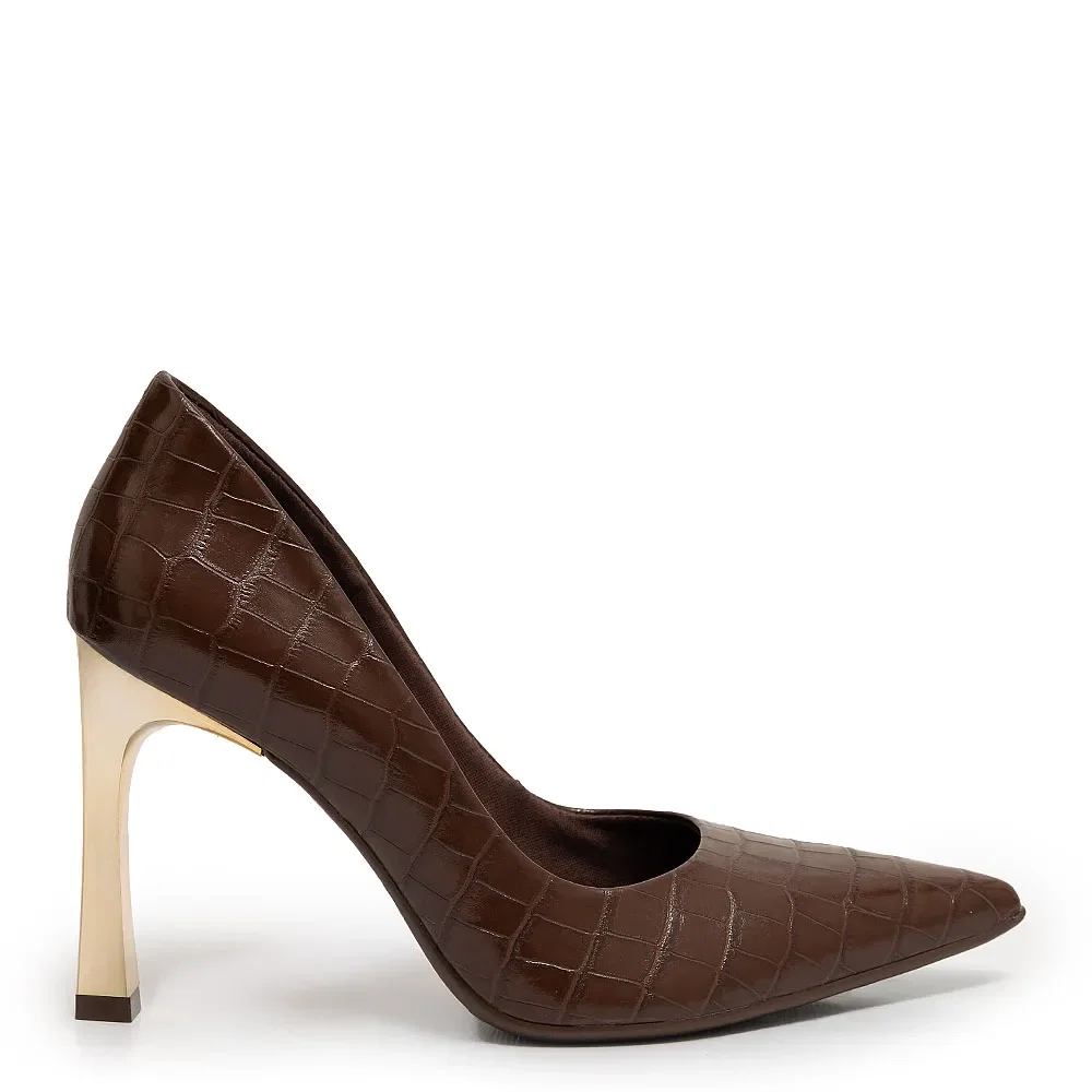 Scarpin Marrom Croco Salto Cromado — imagem 1