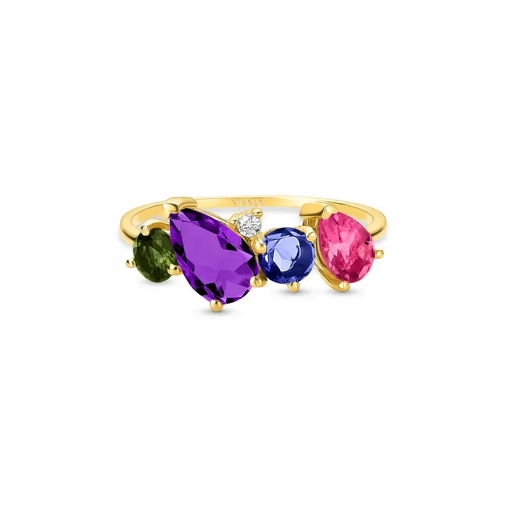 Anel Pietre em Ouro Amarelo 18k com Ametista Roxa, Turmalina Rosa, Turmalina Verde, Iolita e Diamante — imagem 1