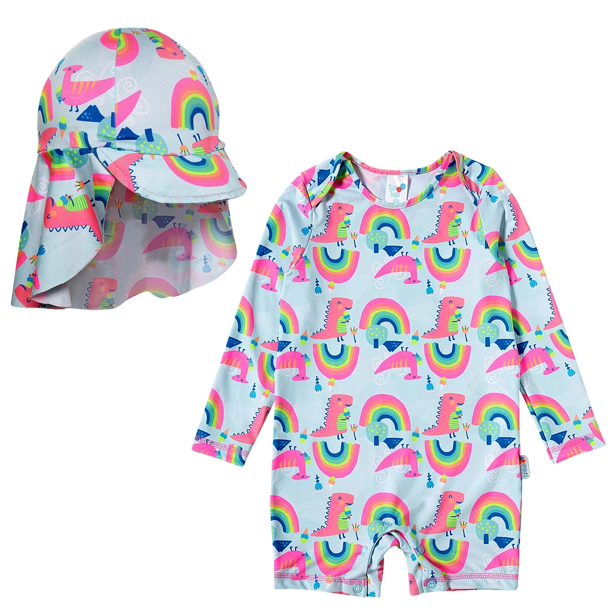 Kit Praia Boné E Macaquinho Toddler Dina Arco-íris Elastano Proteção Uv 50+ Tip Top