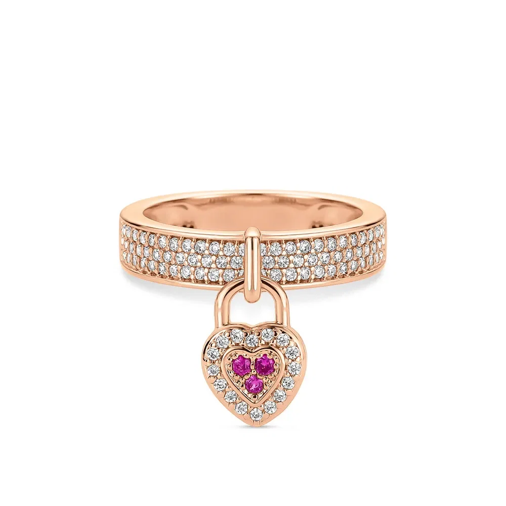 Anel Life Love Locker Coração em Liga Rosé com Banho de Ouro Rosé 18k e Pedras Rosas e Incolores