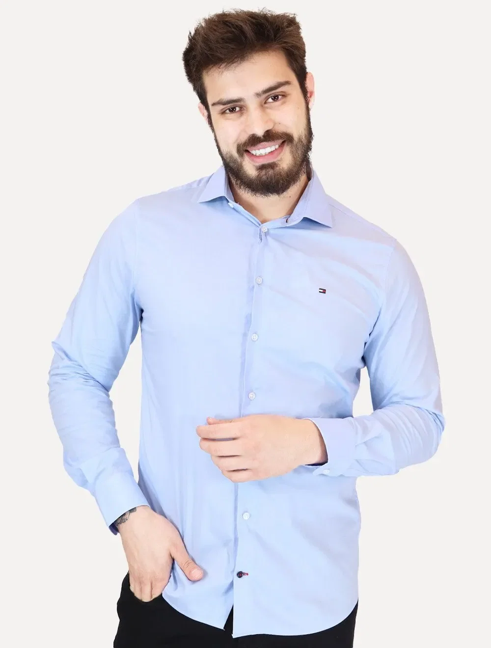 Camisa Tommy Hilfiger Masculina Slim THFlex Poplin Azul Claro — imagem 1