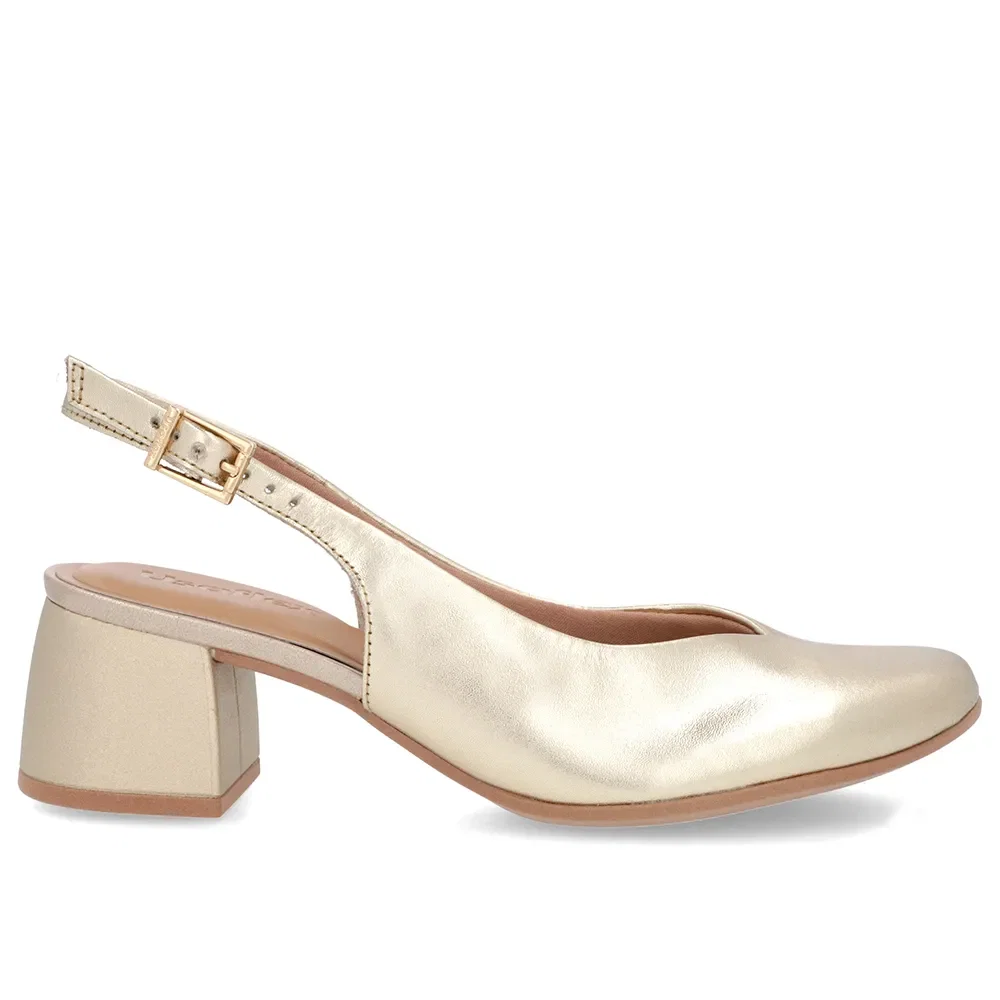 Slingback Dourada Salto Bloco Couro Recorte V