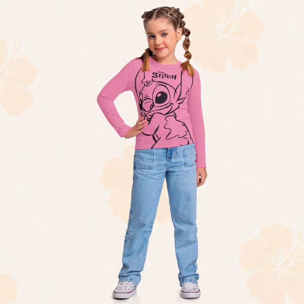 Blusa manga longa em ribana Lilo & Stitch