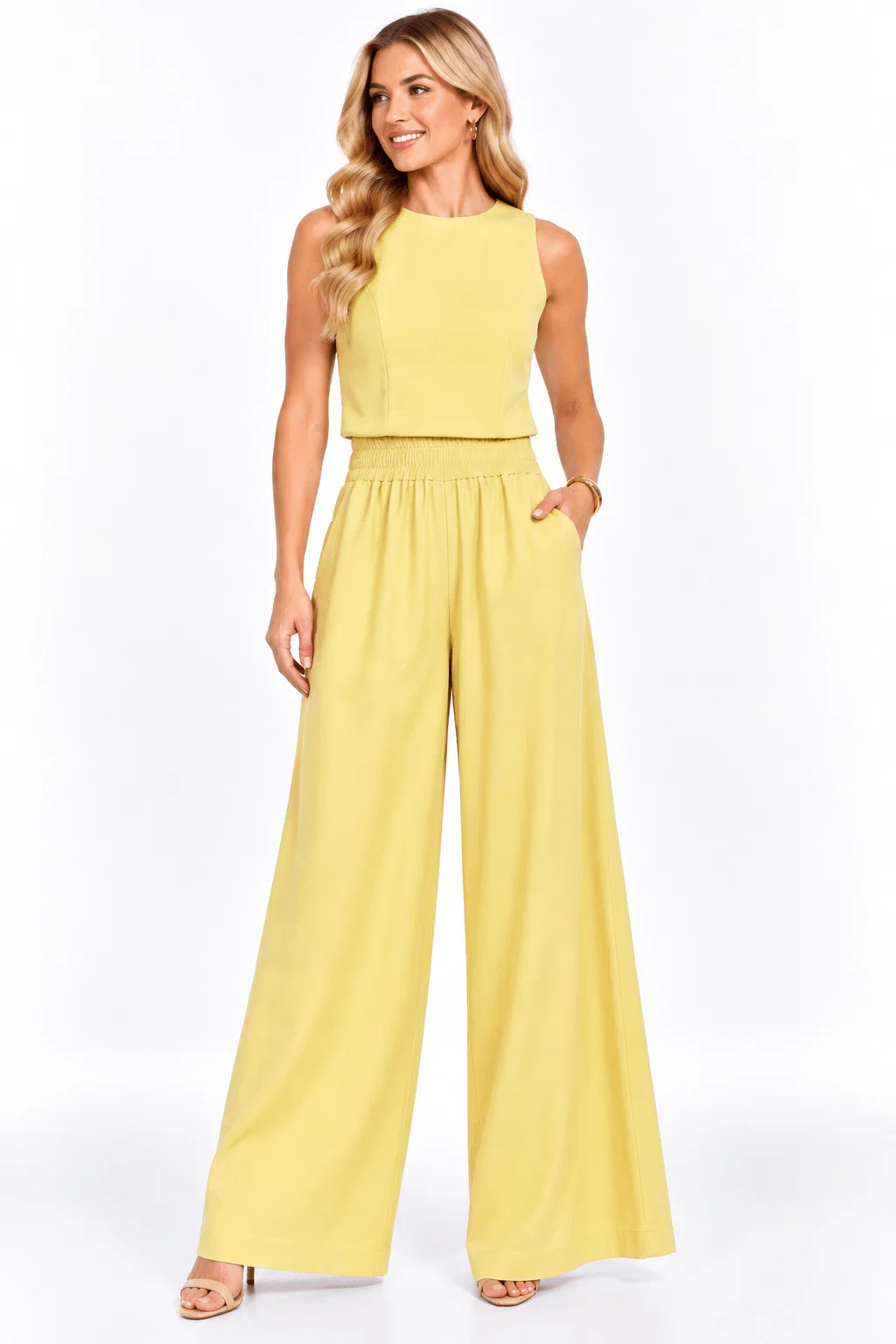 Calça Pantalona Cós Elástico - Amarelo — imagem 1